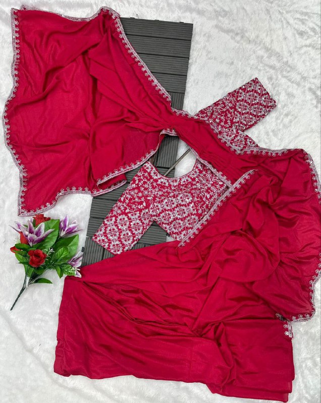Super Trending Embroidery cording work ready to wear saree with Embroidery Blouse