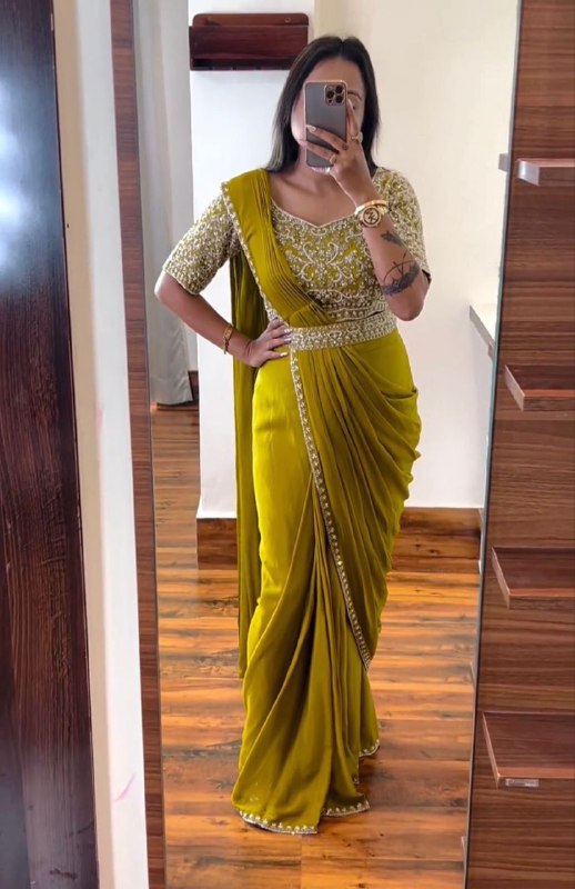 Super Trending Embroidery cording work ready to wear saree with Embroidery Blouse