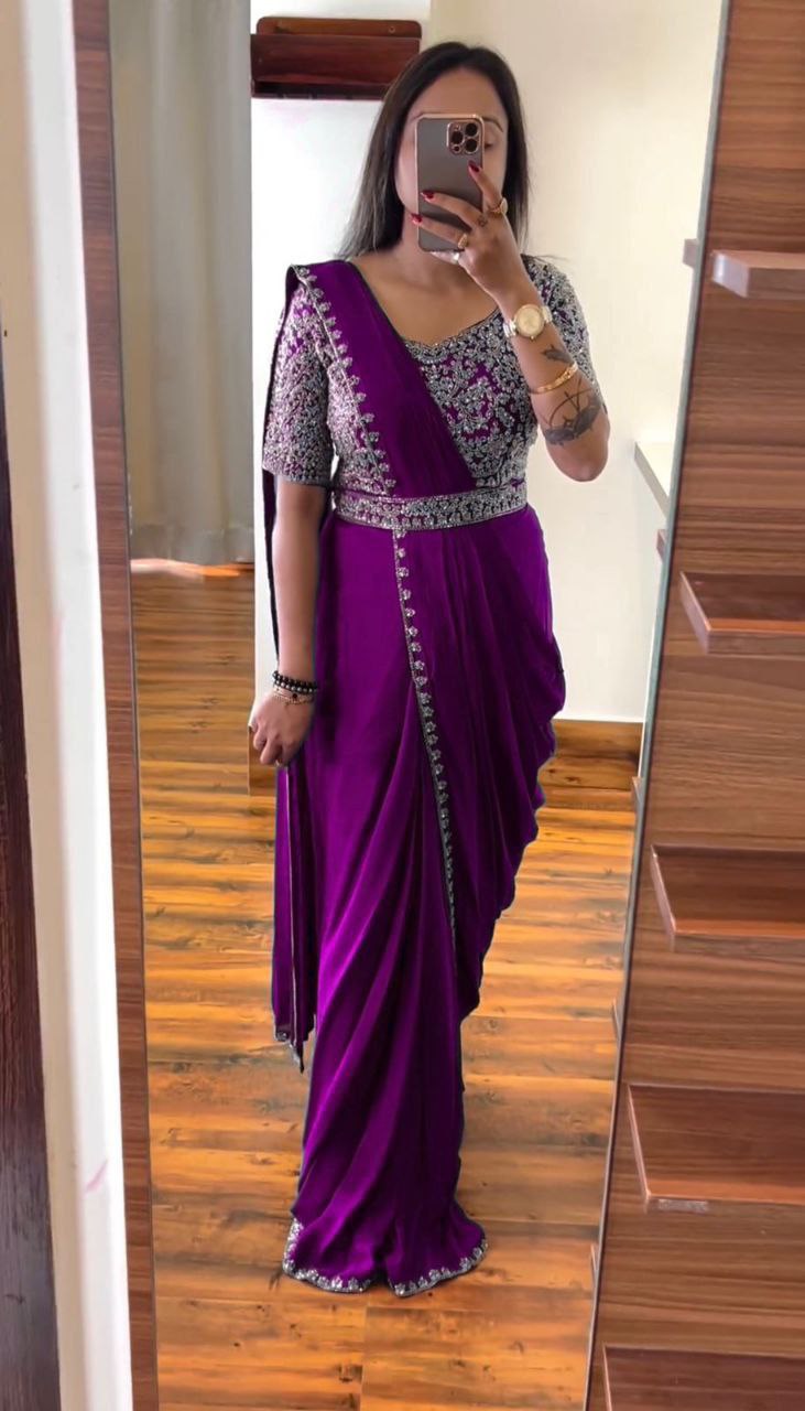 Super Trending Embroidery cording work ready to wear saree with Embroidery Blouse