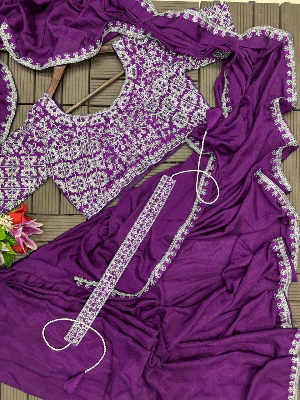 Super Trending Embroidery cording work ready to wear saree with Embroidery Blouse