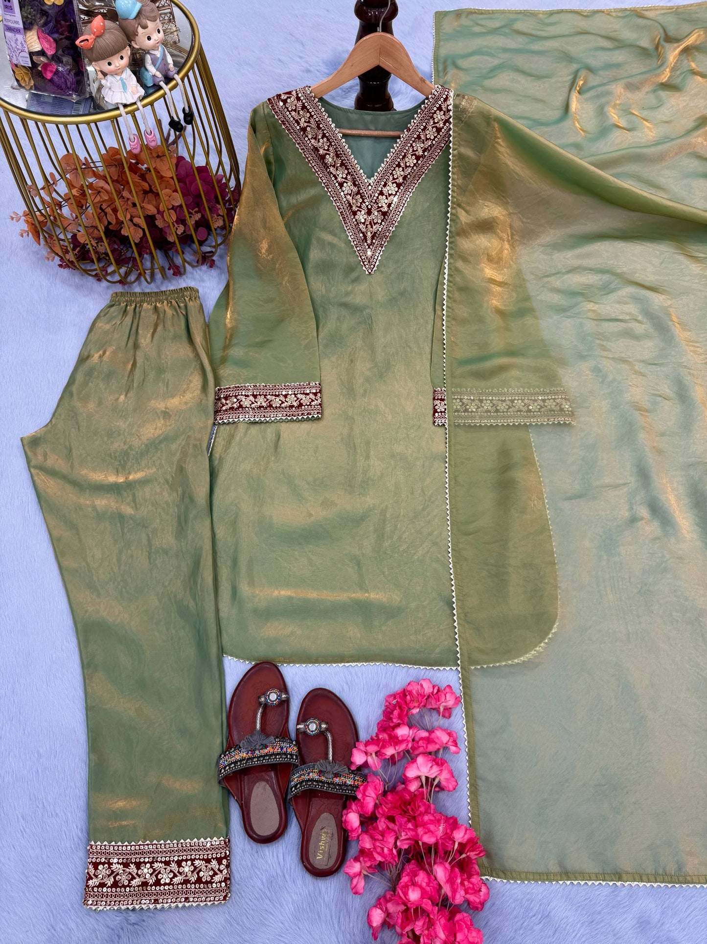 Đěsigner Party Wear Look Pur Gold Fendi Silk Top Bottom & Dupatta Set
