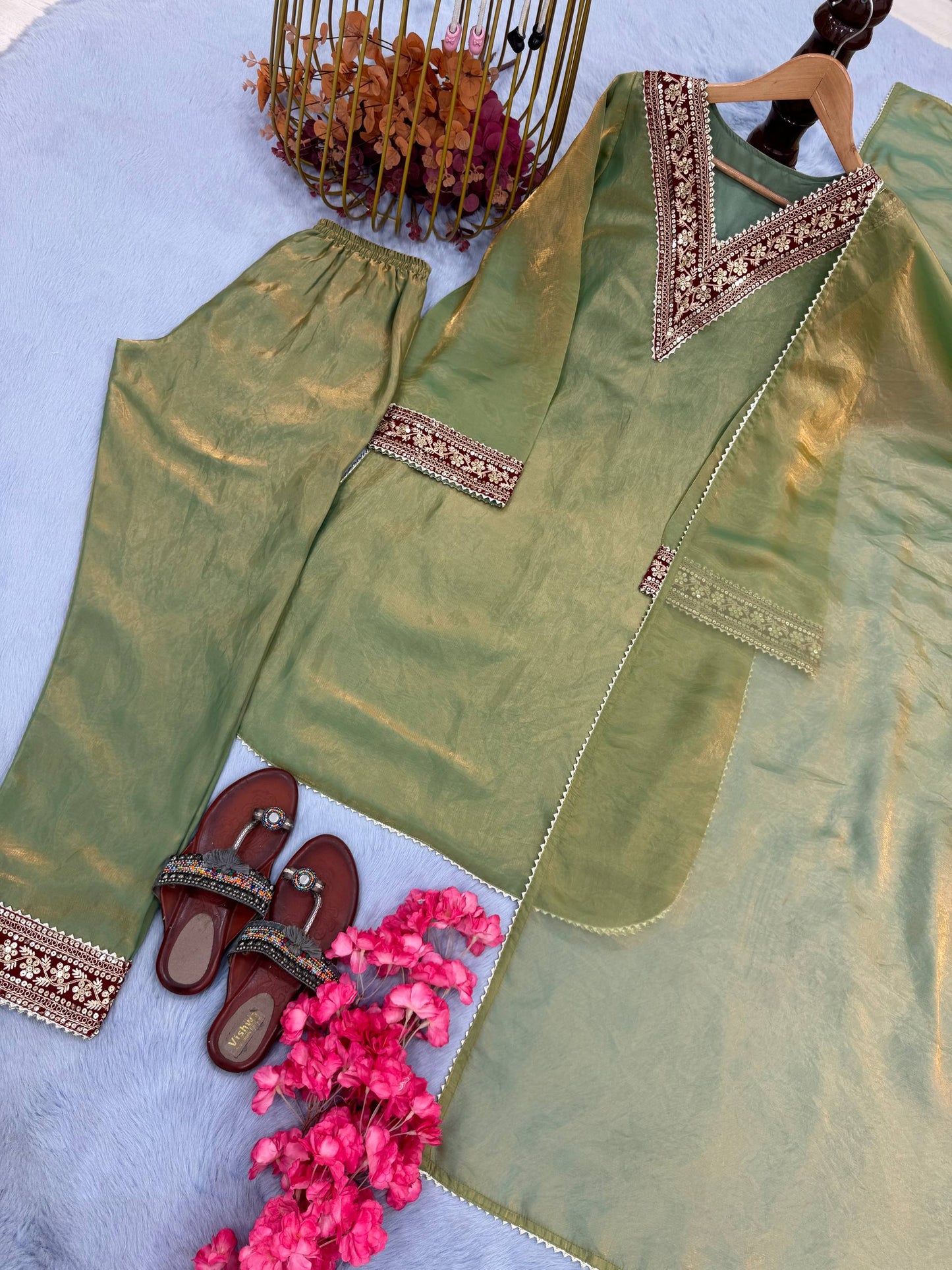Đěsigner Party Wear Look Pur Gold Fendi Silk Top Bottom & Dupatta Set