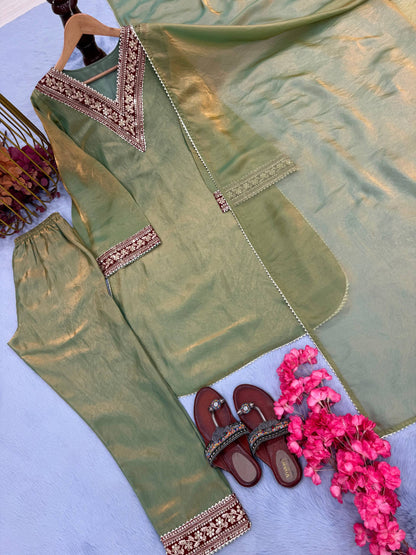 Đěsigner Party Wear Look Pur Gold Fendi Silk Top Bottom & Dupatta Set