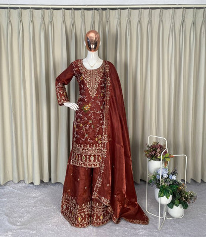PERFECT FOR PARTY AND WEDDING OUR DESIGNER WEAR TOP WITH SARARA PAIR IN JIMMY CHOO