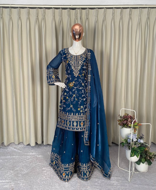 PERFECT FOR PARTY AND WEDDING OUR DESIGNER WEAR TOP WITH SARARA PAIR IN JIMMY CHOO
