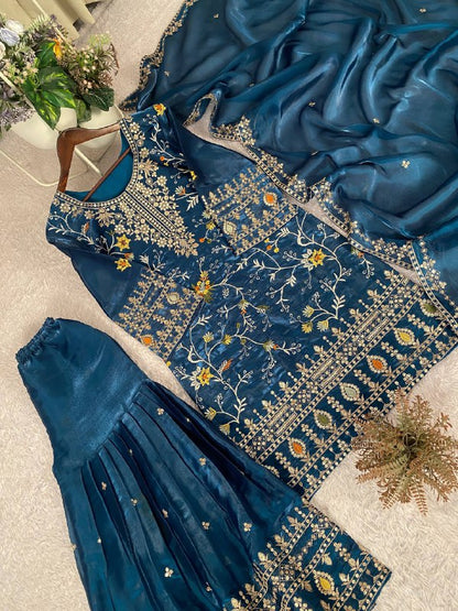 PERFECT FOR PARTY AND WEDDING OUR DESIGNER WEAR TOP WITH SARARA PAIR IN JIMMY CHOO