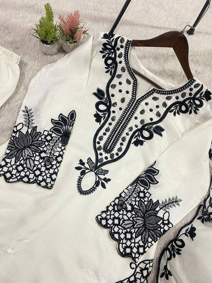 HANIA AMIR INSPIRED BAKRA EID WEAR OUR SEQUENCE EMBROIDERY WORKED TOP, FARSHI SALWAAR WITH DUPATTA