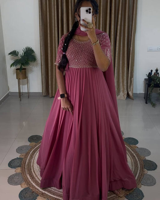 Designer Party Wear Look Full Heavy Embroidery Sequence Work Gown With Fully Stiched and Dupatta Ready to Wear Collection