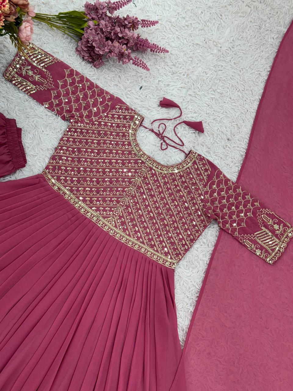 Designer Party Wear Look Full Heavy Embroidery Sequence Work Gown With Fully Stiched and Dupatta Ready to Wear Collection