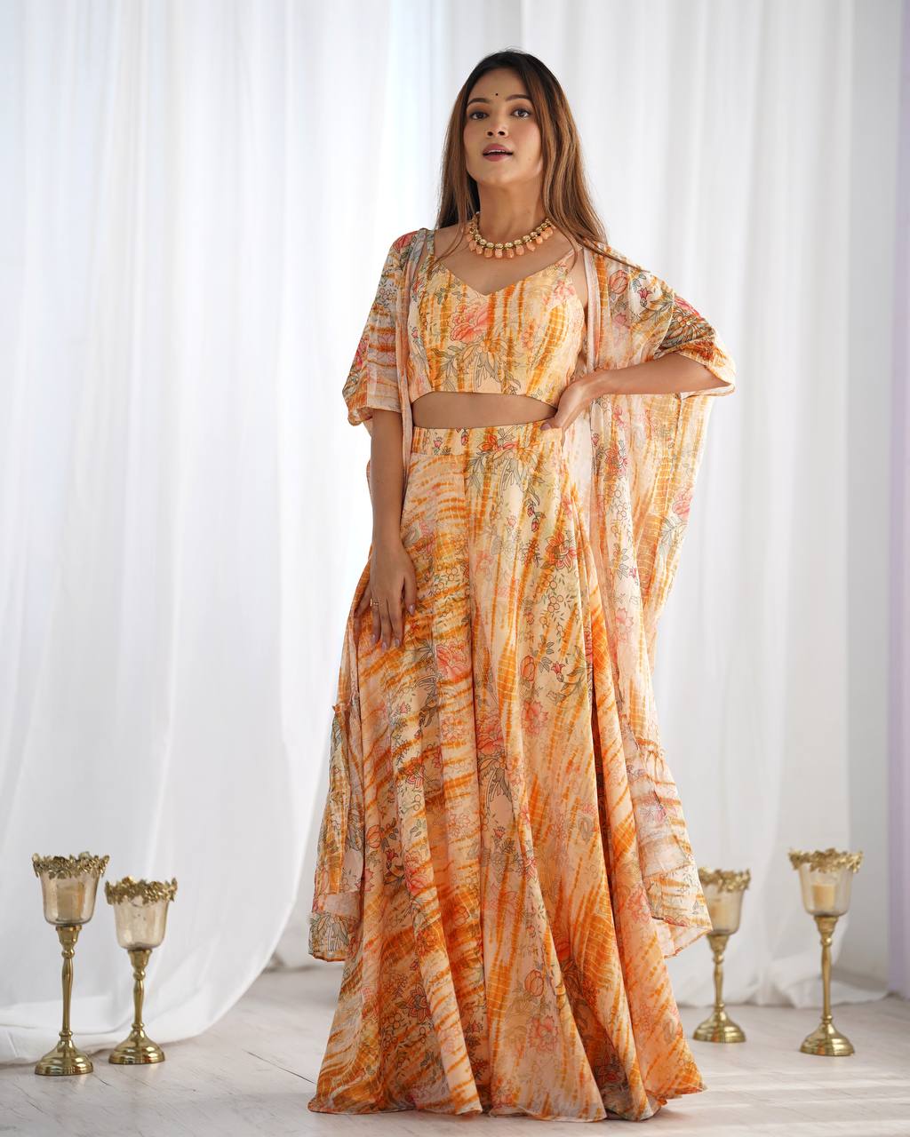 beautiful 3 piece set of indo western gathered Georgette shrug with fancy blouse, printed palazzo pants full set ready to wear