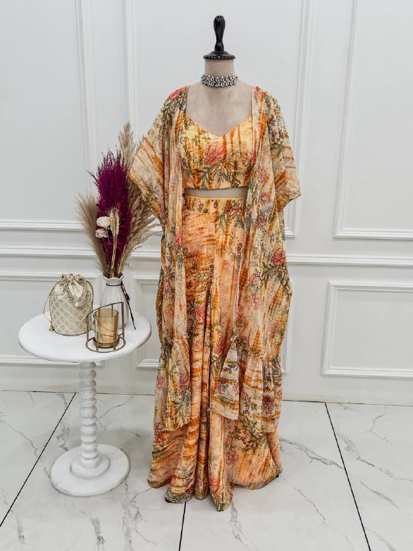 beautiful 3 piece set of indo western gathered Georgette shrug with fancy blouse, printed palazzo pants full set ready to wear