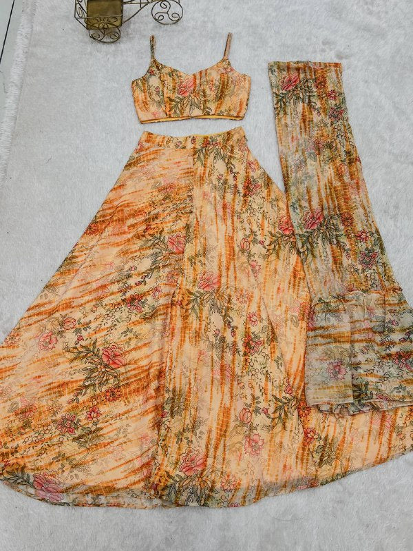 beautiful 3 piece set of indo western gathered Georgette shrug with fancy blouse, printed palazzo pants full set ready to wear