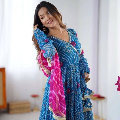 ANARKALI SET SUPERHIT TRENDING 3 PIECES GOWN, PENT & DUPATTA SET WITH EMBROIDERED NACK & DUPATTA ON FAUX GEORGETTE FABRIC