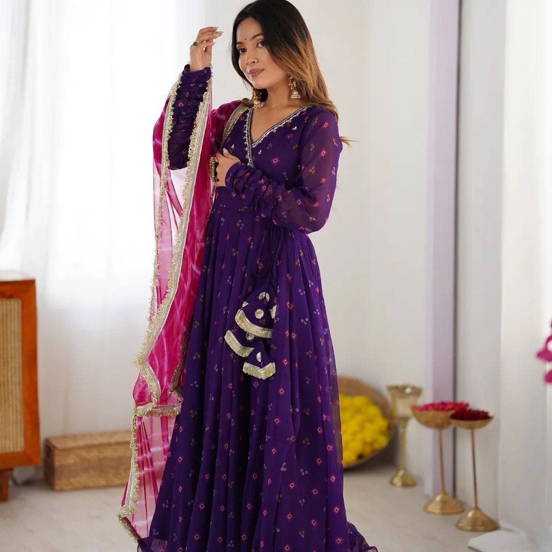 ANARKALI SET SUPERHIT TRENDING 3 PIECES GOWN, PENT & DUPATTA SET WITH EMBROIDERED NACK & DUPATTA ON FAUX GEORGETTE FABRIC