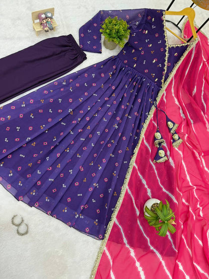 ANARKALI SET SUPERHIT TRENDING 3 PIECES GOWN, PENT & DUPATTA SET WITH EMBROIDERED NACK & DUPATTA ON FAUX GEORGETTE FABRIC