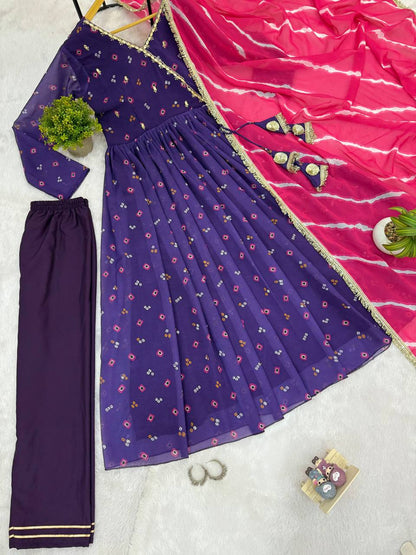 ANARKALI SET SUPERHIT TRENDING 3 PIECES GOWN, PENT & DUPATTA SET WITH EMBROIDERED NACK & DUPATTA ON FAUX GEORGETTE FABRIC