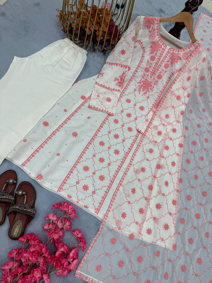Đěsigner Party Wear Look Pur Roman Silk A-Line Top Plazzo & Dupatta Set