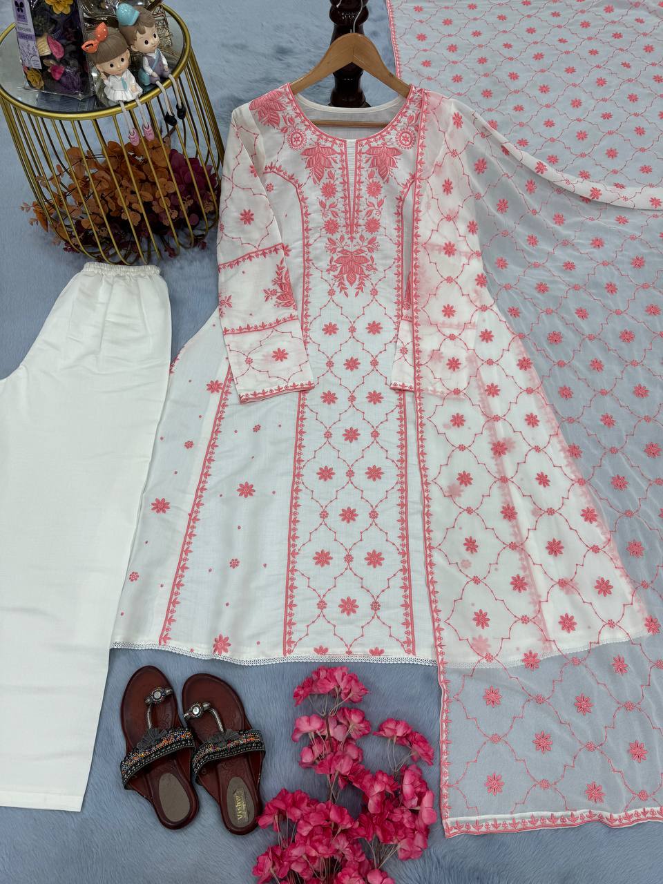Đěsigner Party Wear Look Pur Roman Silk A-Line Top Plazzo & Dupatta Set