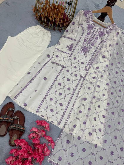Đěsigner Party Wear Look Pur Roman Silk A-Line Top Plazzo & Dupatta Set