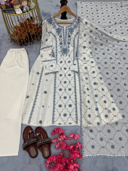 Đěsigner Party Wear Look Pur Roman Silk A-Line Top Plazzo & Dupatta Set