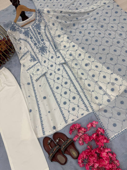 Đěsigner Party Wear Look Pur Roman Silk A-Line Top Plazzo & Dupatta Set