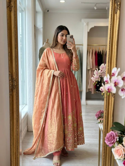 New Design Trending Fendy Silk*Gwon&Pent&dupatta*         *Reddy To Wear Look    Design*