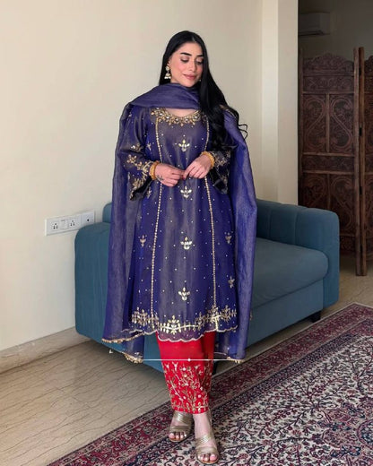 DESIGNER HEAVY GOLD CRUSHE EMBROIDERED SEQUENCE WORK WITH FANCY TOP-PENT DUPATTA SET*