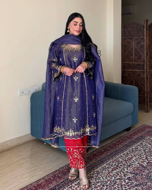 DESIGNER HEAVY GOLD CRUSHE EMBROIDERED SEQUENCE WORK WITH FANCY TOP-PENT DUPATTA SET*