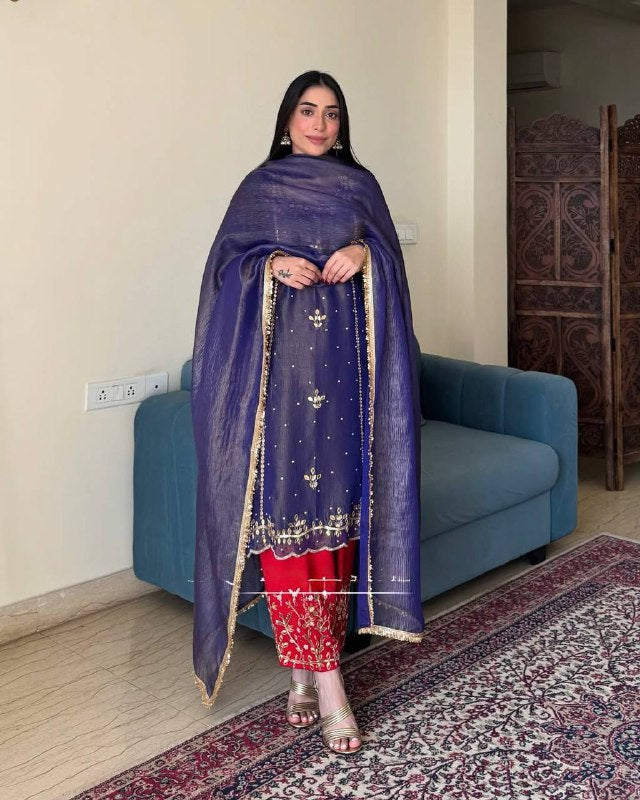 DESIGNER HEAVY GOLD CRUSHE EMBROIDERED SEQUENCE WORK WITH FANCY TOP-PENT DUPATTA SET*