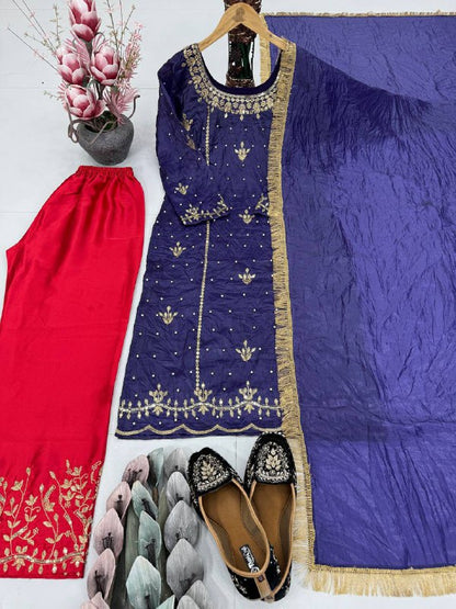 DESIGNER HEAVY GOLD CRUSHE EMBROIDERED SEQUENCE WORK WITH FANCY TOP-PENT DUPATTA SET*