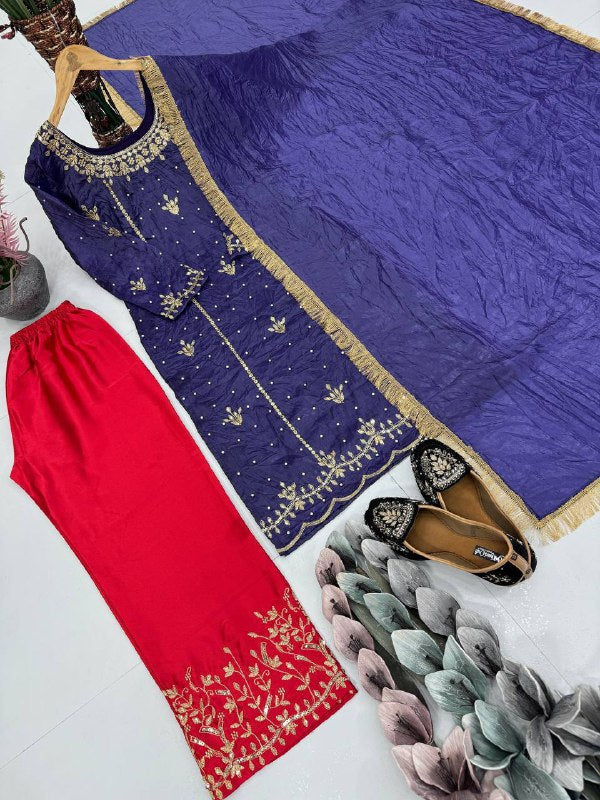 DESIGNER HEAVY GOLD CRUSHE EMBROIDERED SEQUENCE WORK WITH FANCY TOP-PENT DUPATTA SET*