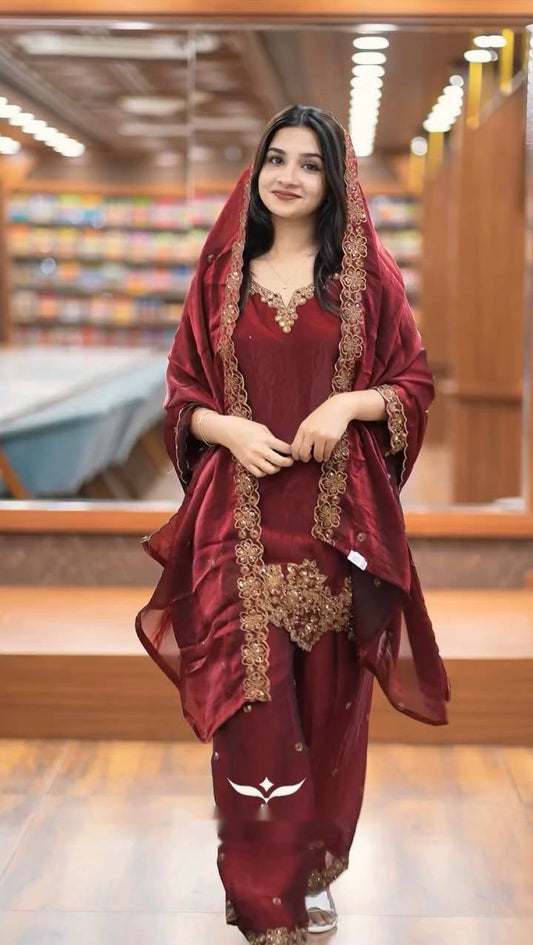 jimmy choo Silk And Heavy Embroidery Sequence Work Top-Bottom And Dupatta Set Fully Stitched Ready To Wear Collection