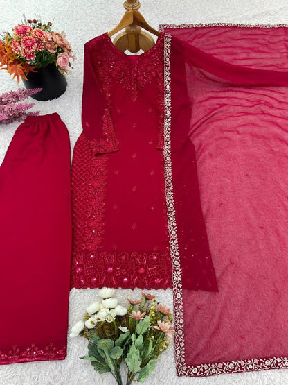 Designer Party Wear Look Top-Plazzo and Dupatta With Heavy Embroidery Work
