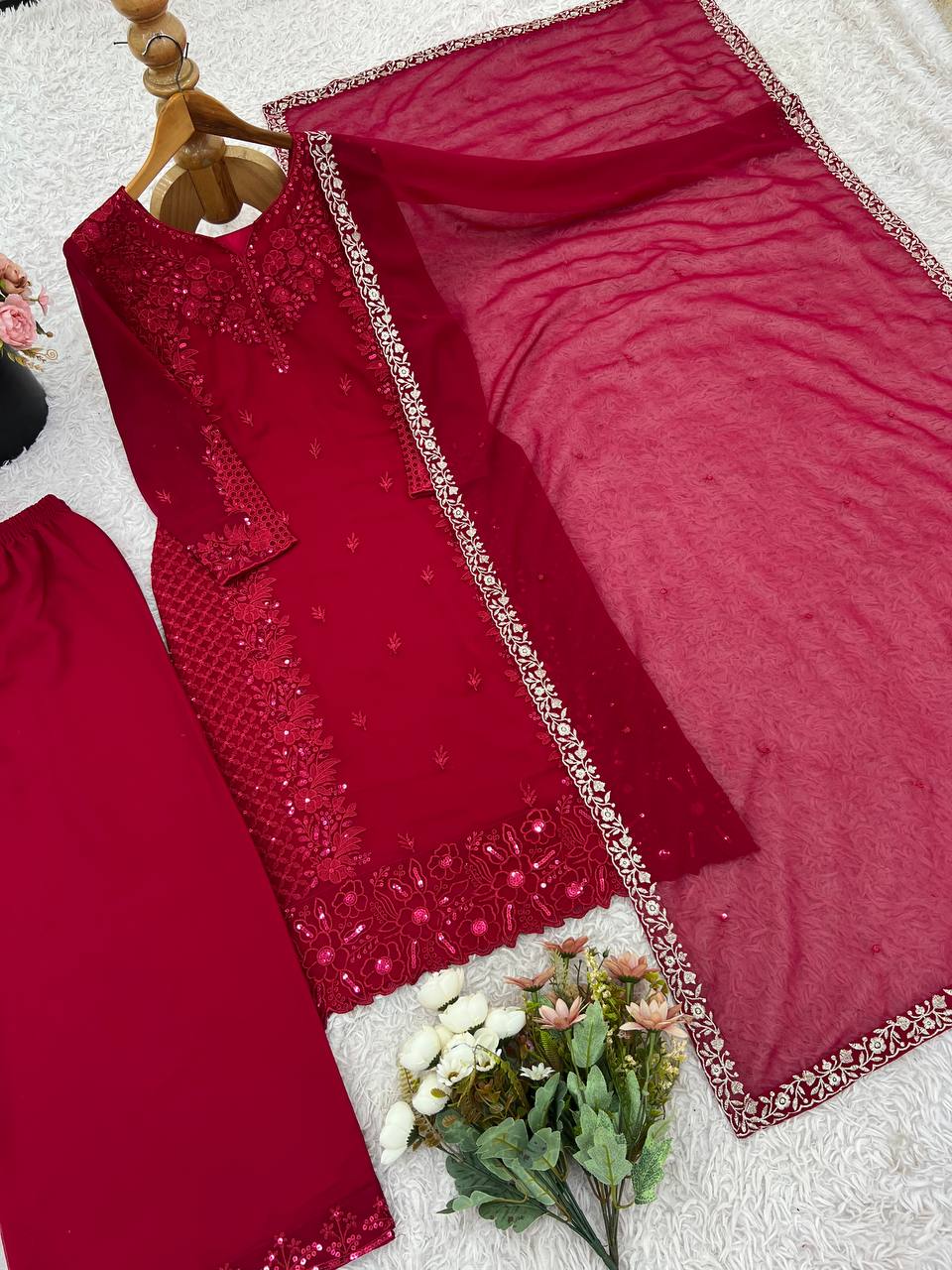 Designer Party Wear Look Top-Plazzo and Dupatta With Heavy Embroidery Work