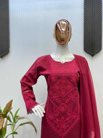 DESIGNER WEAR EXCLUSIVE SUIT IN ROMAN SILK FABRIC TOP AND PANT WITH DUPATTA IN GEORGETTE