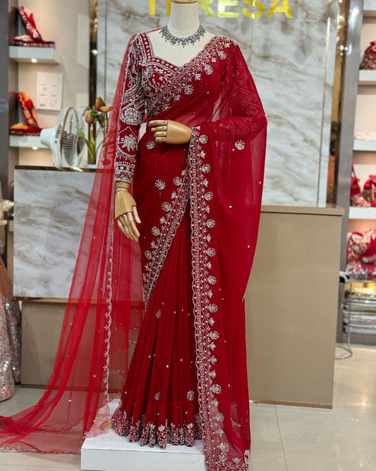 Designer Saree on Faux Georgette Febric with Thred & Sequnce and Pearl work and Blouse on also Faux Georgette Febric With Thred & Sequnce work and Dupatta on Soft Net With Thred with Sequnce work. single available wholesale