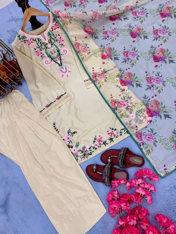 Đěsigner Party Wear Look Pur Natural Crepe Top & Farshi Palazzo With Printed Dupatta set