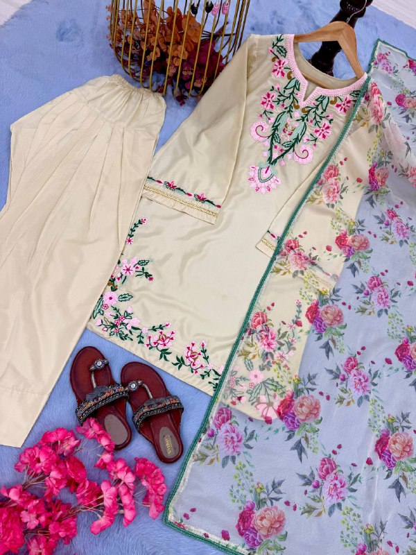 Đěsigner Party Wear Look Pur Natural Crepe Top & Farshi Palazzo With Printed Dupatta set