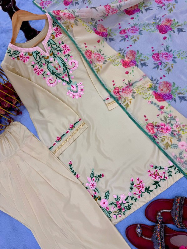 Đěsigner Party Wear Look Pur Natural Crepe Top & Farshi Palazzo With Printed Dupatta set