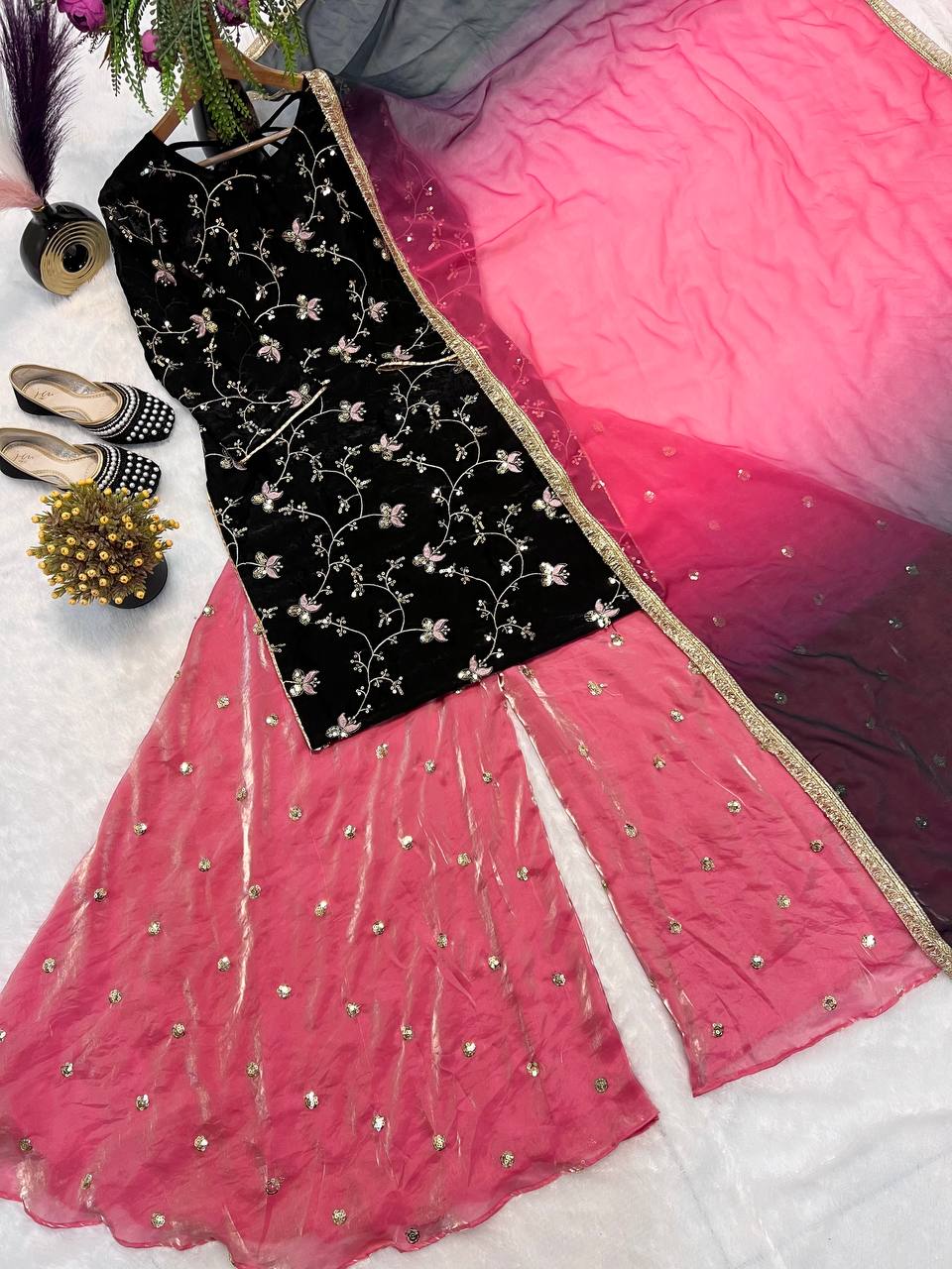 Designer Party Wear Look Top , Garara Plazzo and Dupatta