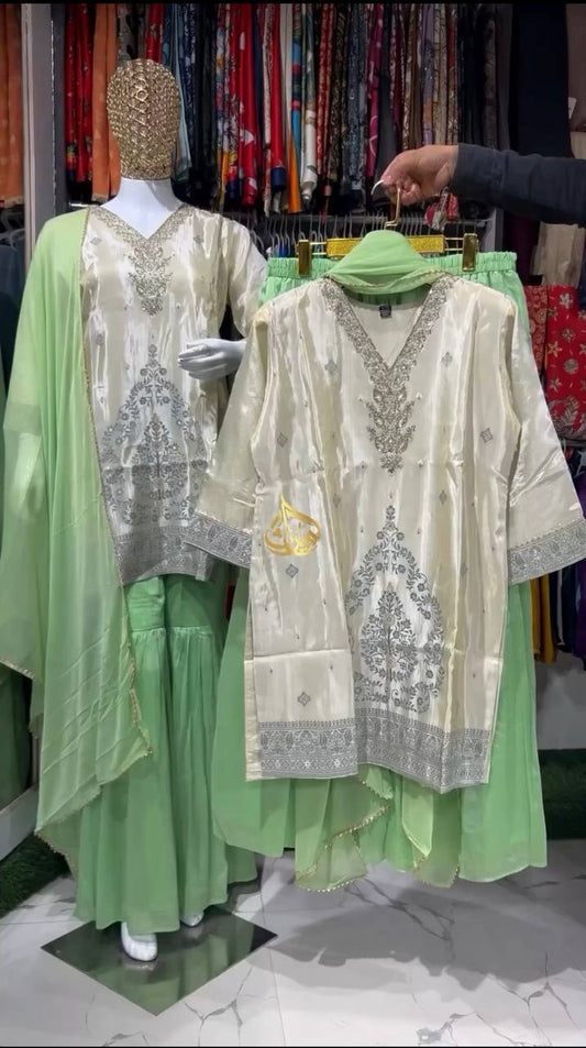 NEW PAKISTANI READY TO WEAR COLLECTION WITH EMBROIDERY SEQUENSE WORK TOP-SHARARA WITH DUPATTA