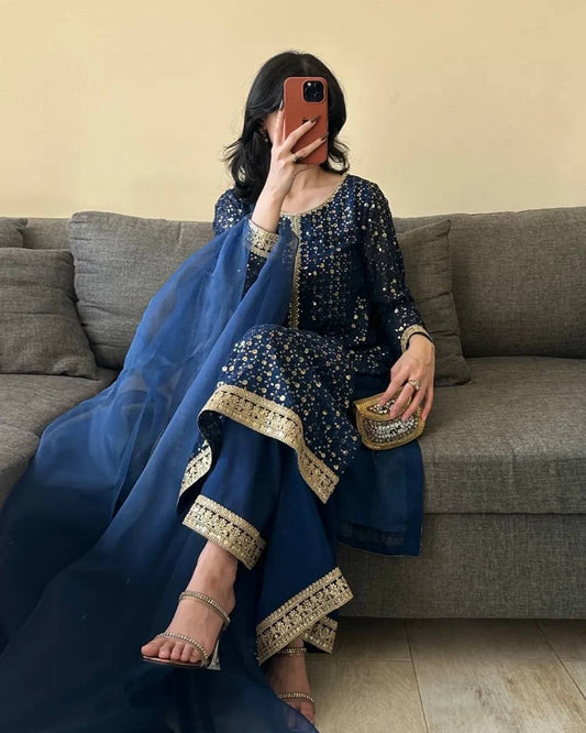 PARTY WEAR LOOK TOP-PLAZZO AND DUPPTA SET WITH HEAVY EMBROIDERY SEQUENCE WORK READY TO WEAR
