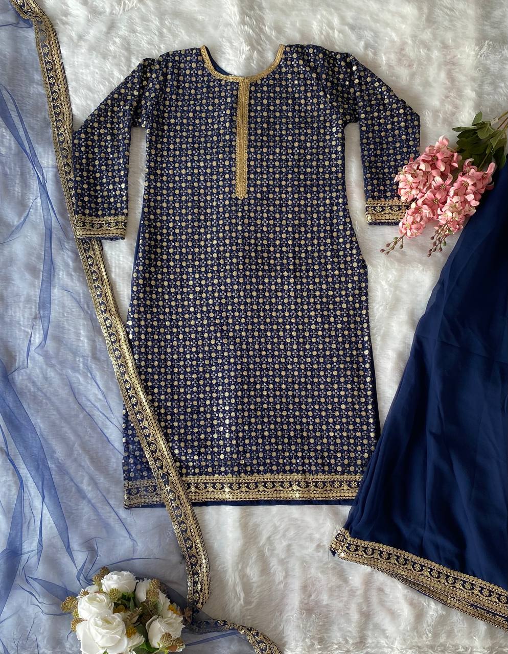 PARTY WEAR LOOK TOP-PLAZZO AND DUPPTA SET WITH HEAVY EMBROIDERY SEQUENCE WORK READY TO WEAR