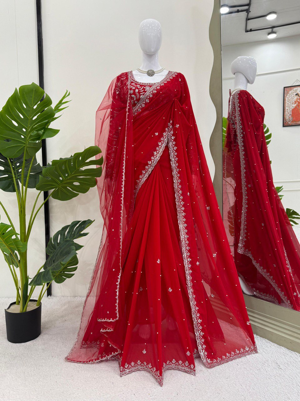 Designer Saree on Faux Georgette Febric with Thred & Sequnce and Pearl work and Blouse on also Faux Georgette Febric With Thred & Sequnce work and Dupatta on Soft Net With Thred with Sequnce work. single available wholesale