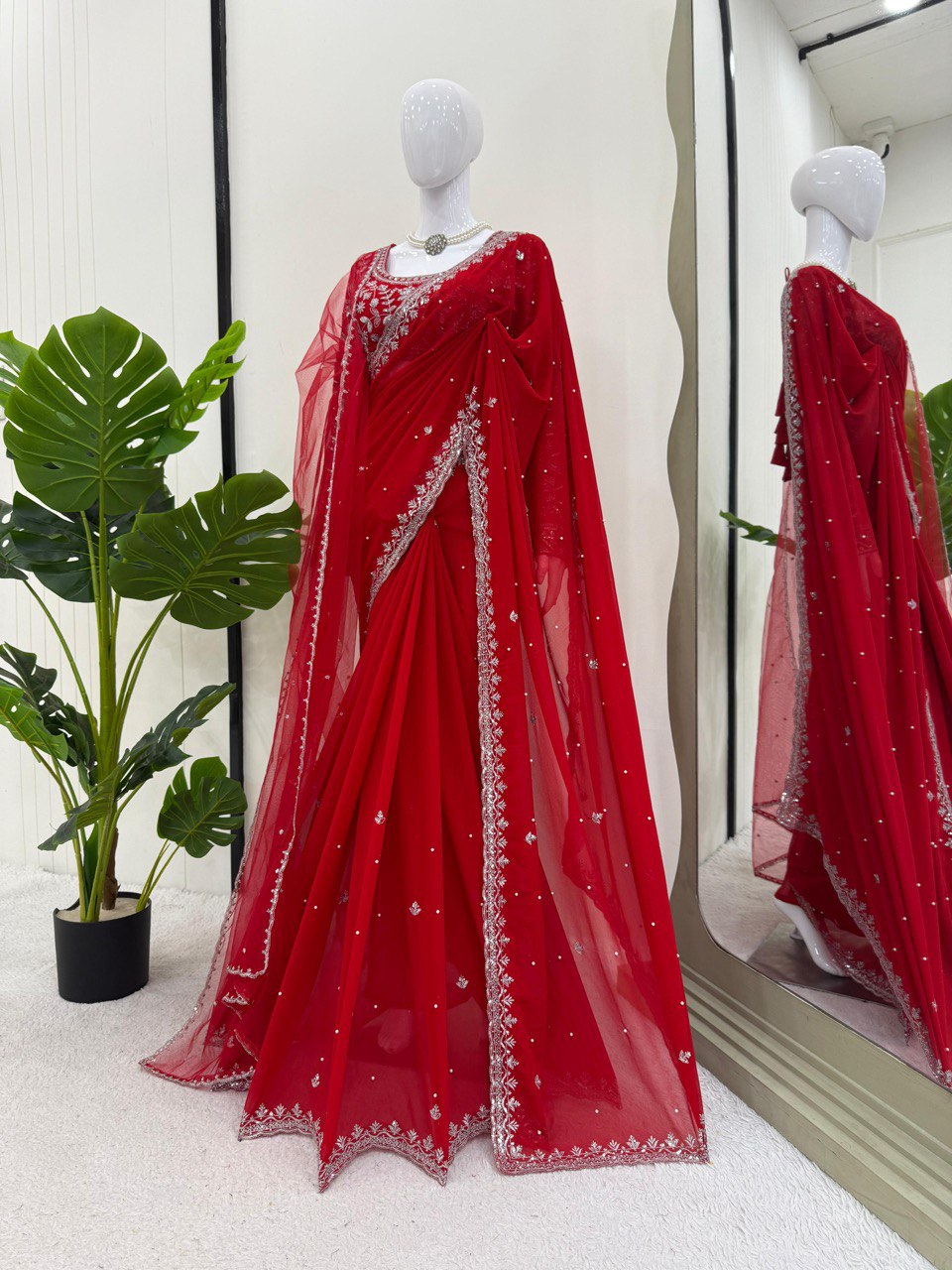 Designer Saree on Faux Georgette Febric with Thred & Sequnce and Pearl work and Blouse on also Faux Georgette Febric With Thred & Sequnce work and Dupatta on Soft Net With Thred with Sequnce work. single available wholesale