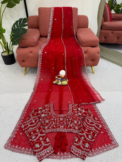 Designer Saree on Faux Georgette Febric with Thred & Sequnce and Pearl work and Blouse on also Faux Georgette Febric With Thred & Sequnce work and Dupatta on Soft Net With Thred with Sequnce work. single available wholesale