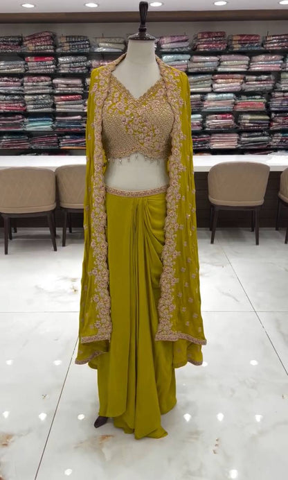 TRENDING WEDDING WEAR THREE PIECE BLOUSE,SKIRT AND SHRUGE WITH SEQUANCE EMBROIDERY WORK