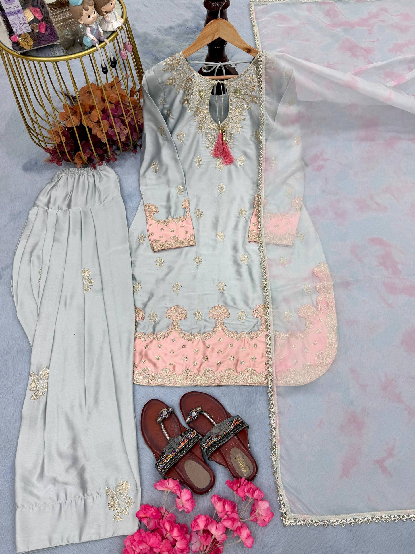 Đěsigner Party Wear Look Pur Japan Satin Top & Farshi Palazzo With Dupatta set