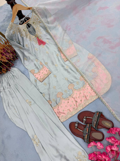 Đěsigner Party Wear Look Pur Japan Satin Top & Farshi Palazzo With Dupatta set
