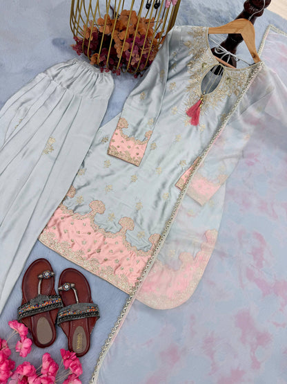 Đěsigner Party Wear Look Pur Japan Satin Top & Farshi Palazzo With Dupatta set